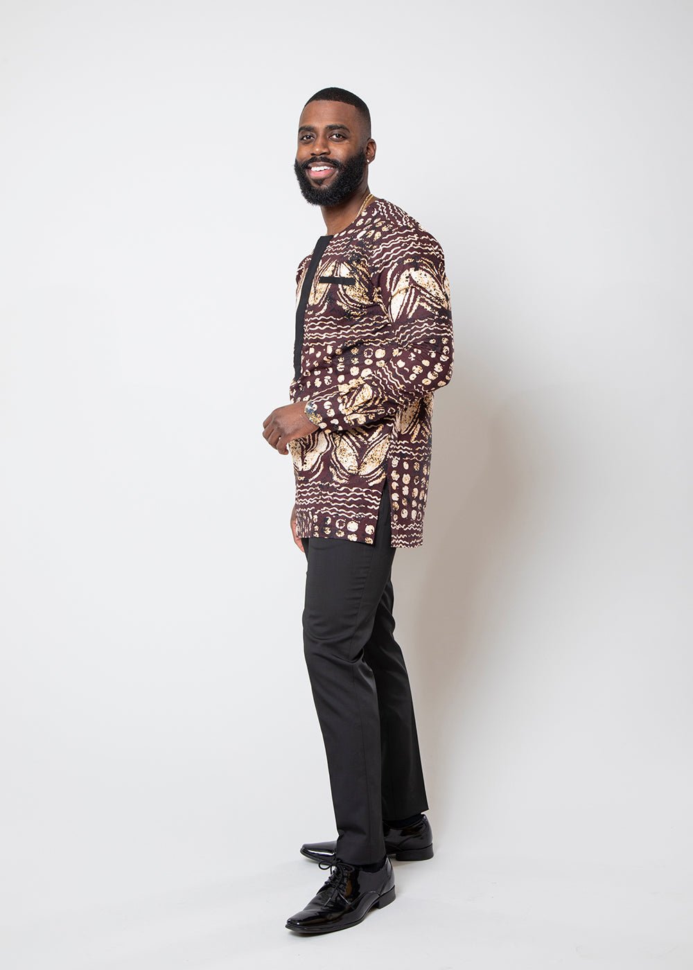 Ibrahim Men's African Print Traditional Shirt (Brown Black Adire) - D'IYANU