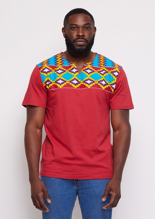 Idi African Print Applique T-shirt (Maroon/Sky Blue Yellow Kente) - Clearance