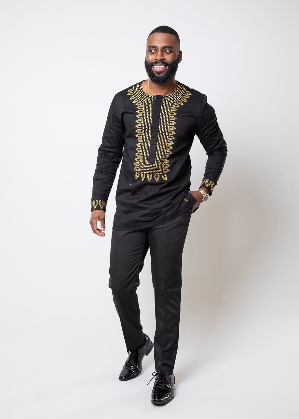Karim Men's Embroidered Traditional Shirt (Black with Gold Embroidery) - D'IYANU