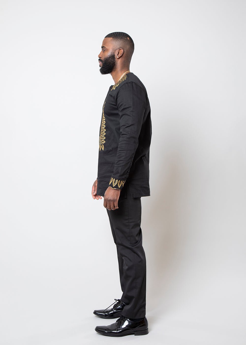 Karim Men's Embroidered Traditional Shirt (Black with Gold Embroidery) - D'IYANU