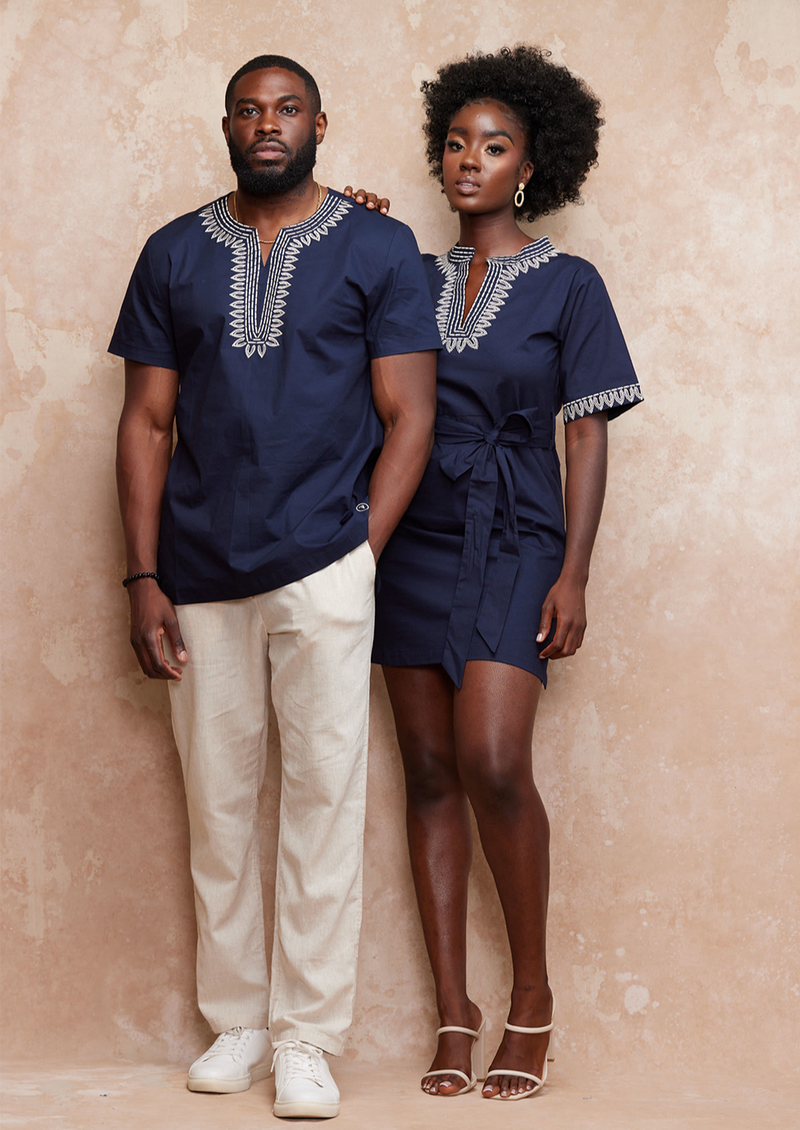 Lubanzi Men's Embroidered Tunic Shirt (Navy/Tan)