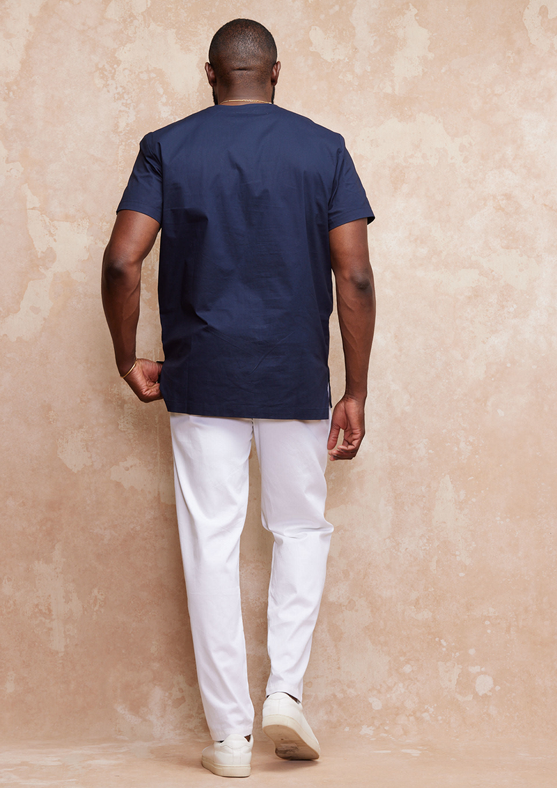 Lubanzi Men's Embroidered Tunic Shirt (Navy/Tan)