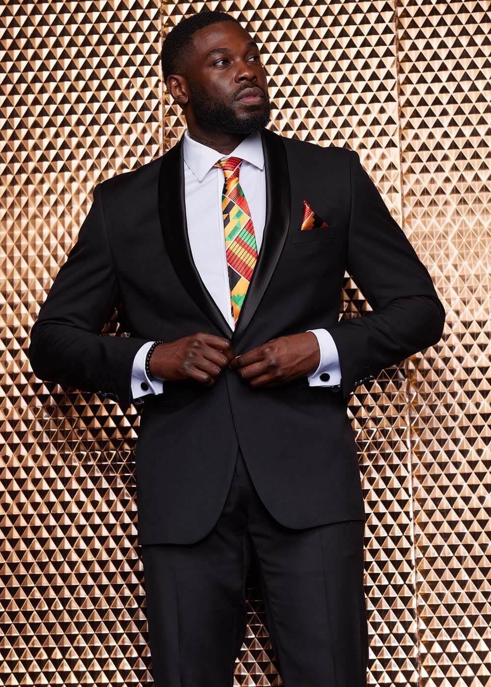 Ajani Men's African Print Satin Necktie and Pocket Square Set (Yellow Green Kente) - D'IYANU