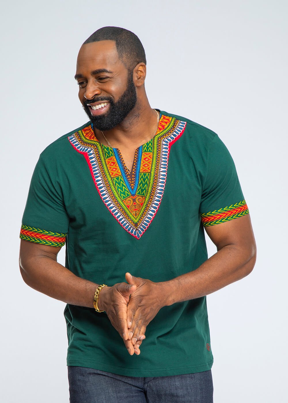 Men's African Print Dashiki T-Shirt (Forest Green/Maroon) - D'IYANU