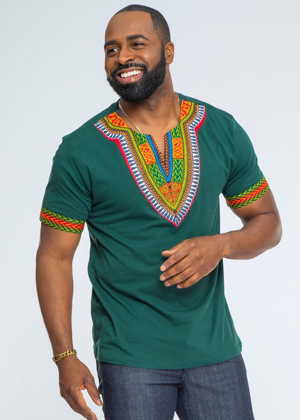 Men's African Print Dashiki T-Shirt (Forest Green/Maroon) - D'IYANU