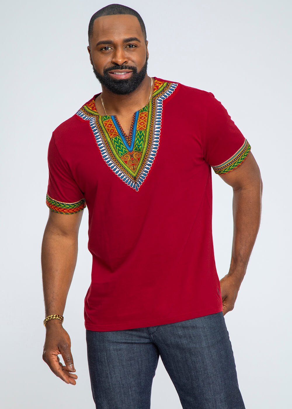 African Print Men's Dashiki T-Shirt (Maroon) - D'IYANU