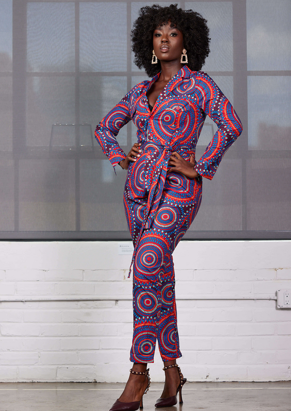 Shoyebi Women's African Print Jumpsuit (Red Indigo Circles) - Clearance