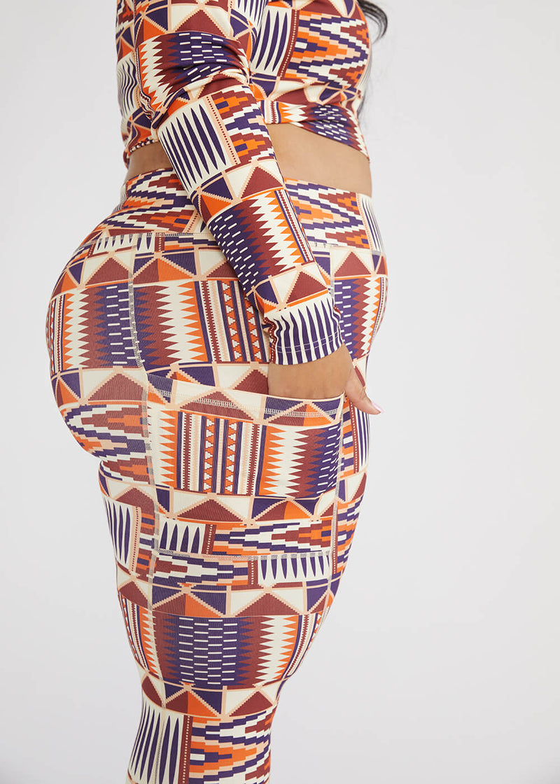 Sise Women's African Print Leggings (Cream Maroon Kente) - Clearance