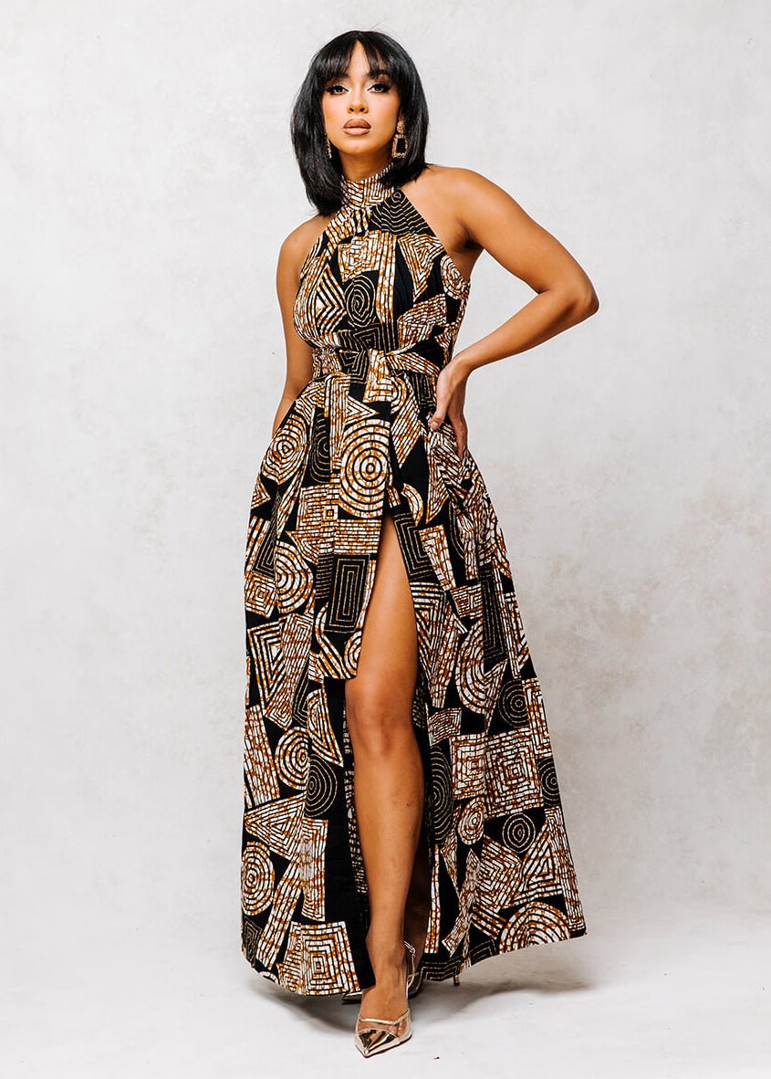 Ronke African Print Halter Maxi Dress (Black Brown Geometric) - D'IYANU