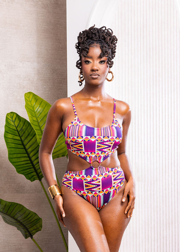 Chika Women's African Print Cut-Out Swimsuit (Mint Purple Kente)-Clearance