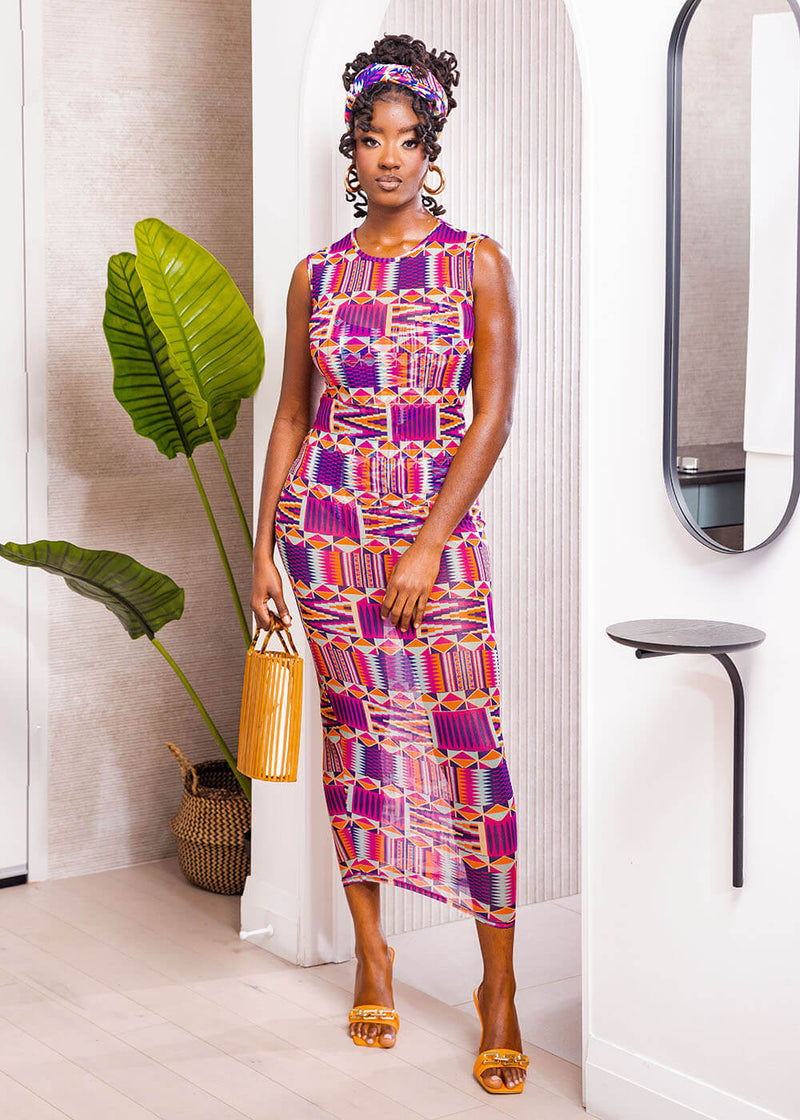 Jamilia Women's African Print Mesh Cover-Up Dress (Mint Purple Kente)