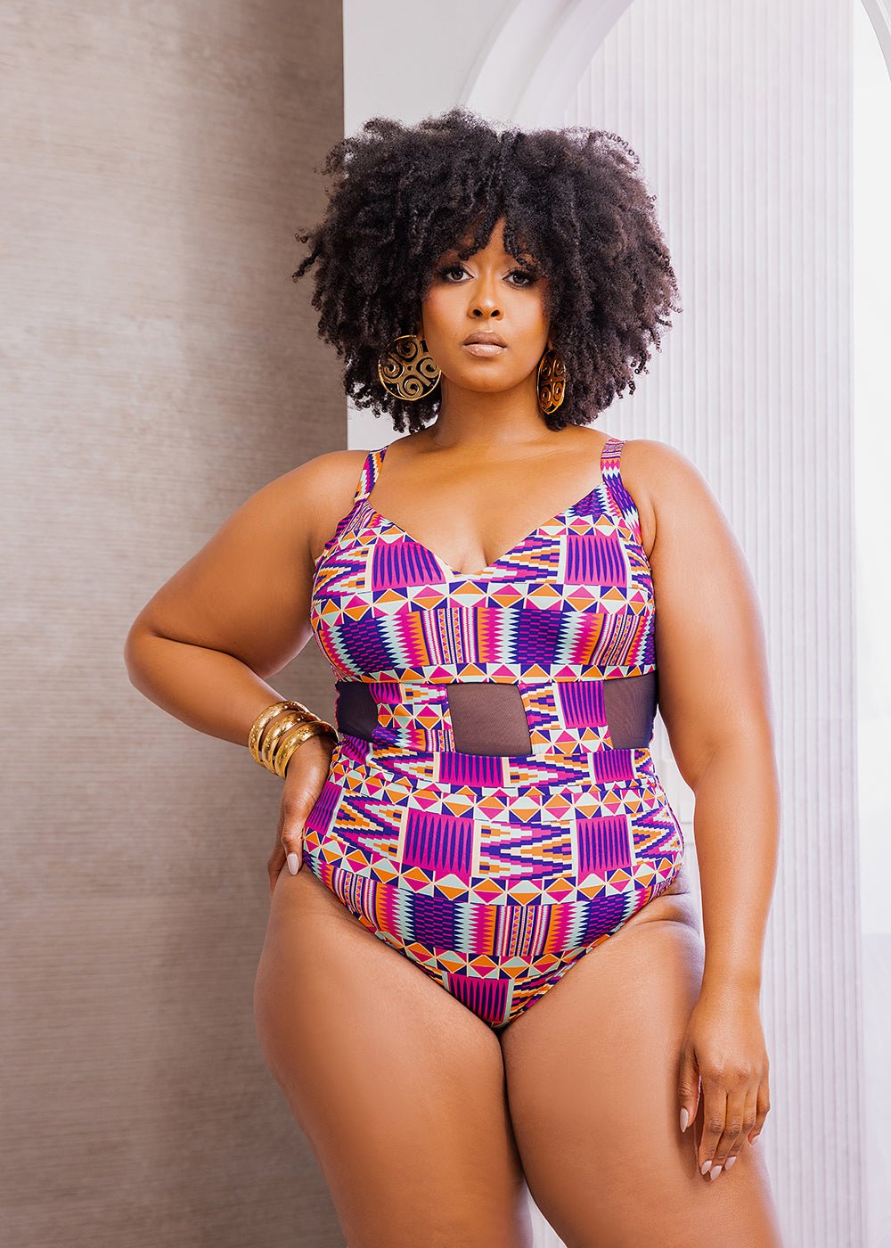 Shadiya Women's African Print One Piece Swimsuit (Mint Purple Kente) - D'IYANU