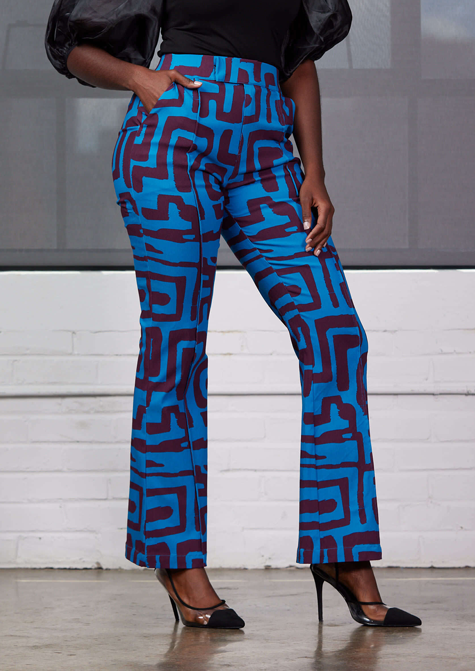 Abebe Women's African Print Stretch Wide Leg Pants (Fig Blue Geometric –  D'IYANU