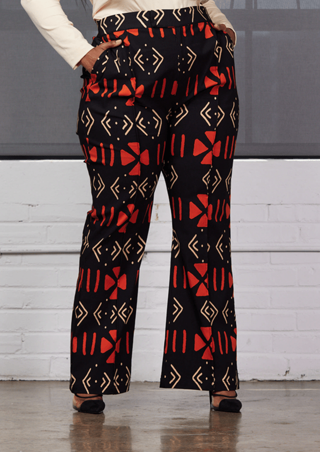 Abebe Women's African Print Stretch Wide Leg Pants (Natural Mudcloth) Black - D'IYANU