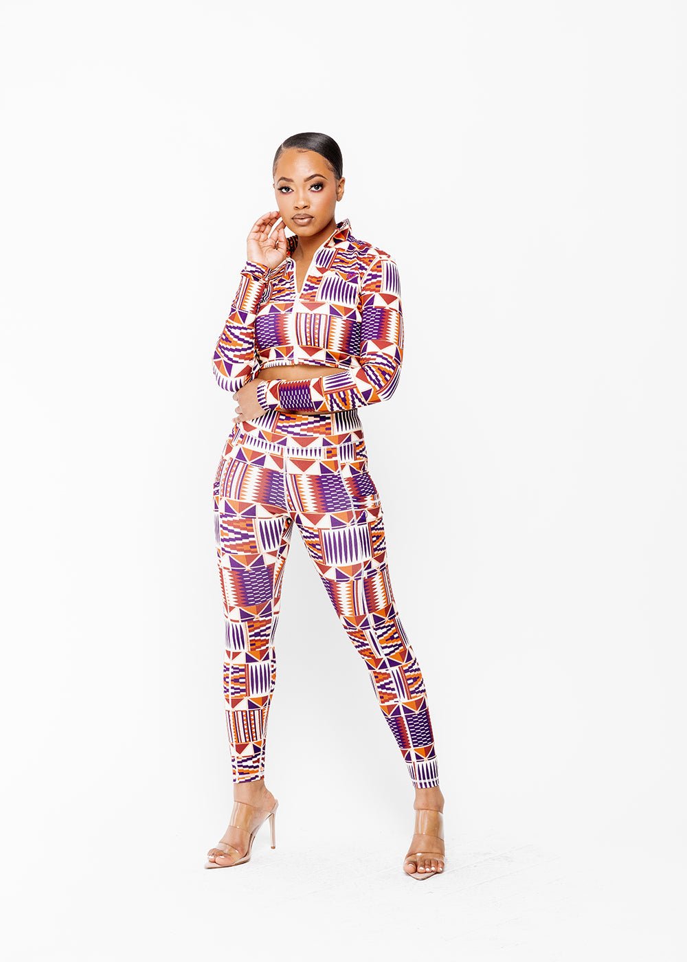 Anaya Women's African Print Zip-Up Crop Top (Cream Maroon Kente) - Clearance - D'IYANU