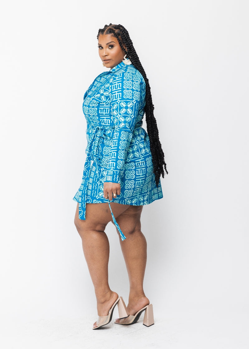 Aniyah Women's African Print Button-Up Shirt Dress (Cool Blue Adire) - Clearance