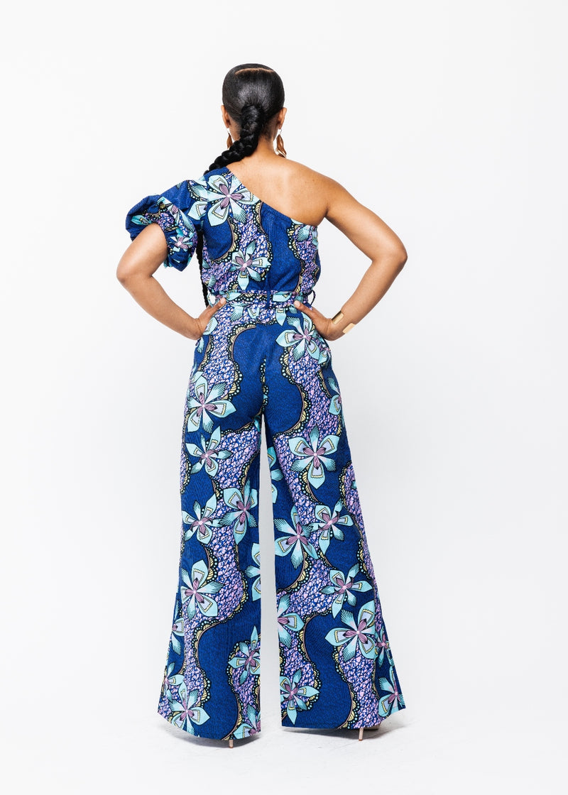 Atunbi Women's African Print One-Shoulder Jumpsuit (Light Blue Pink Iris) - Clearance