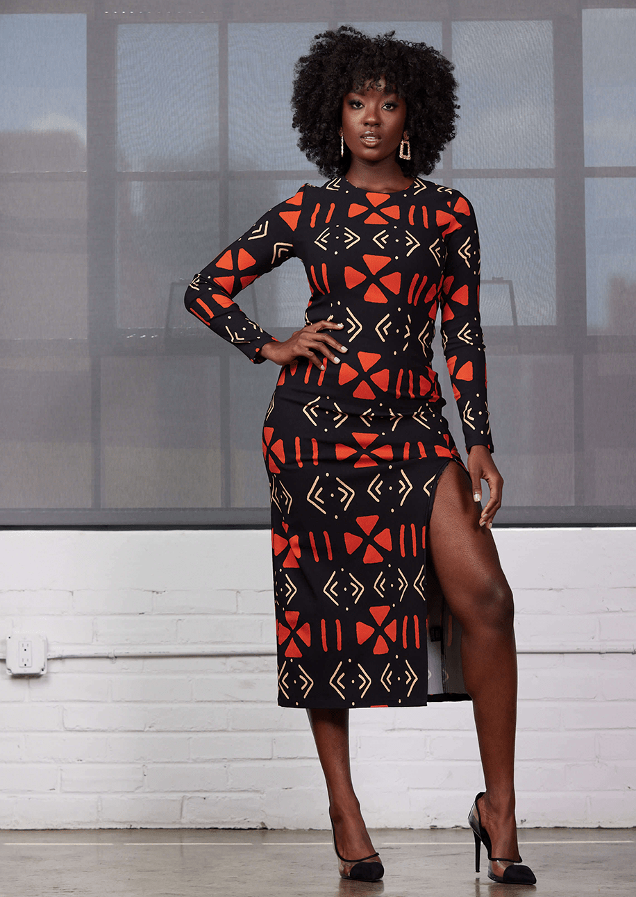 Chidima Women's African Print Stretch Midi Dress (Natural Mudcloth) Black - D'IYANU