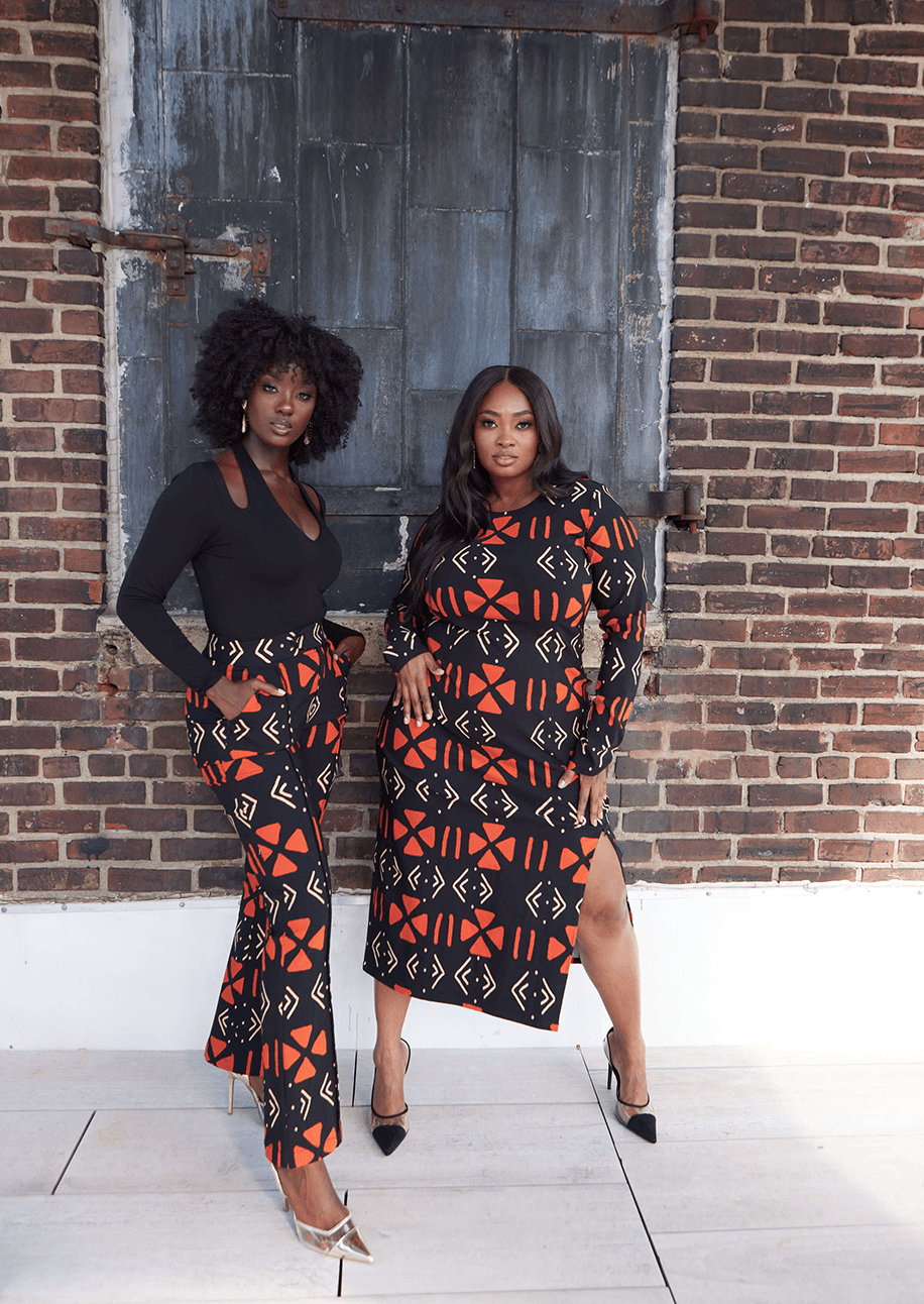 Chidima Women's African Print Stretch Midi Dress (Natural Mudcloth) - D'IYANU