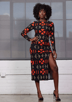Chidima Women's African Print Stretch Midi Dress (Natural Mudcloth) Black - D'IYANU