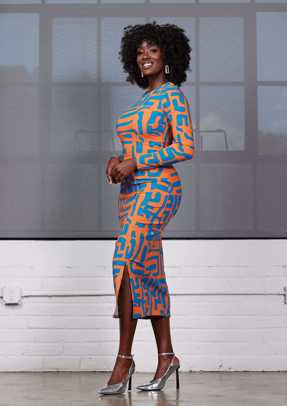 Chidima Women's African Print Stretch Midi Dress (Orange Blue Geometric) - D'IYANU