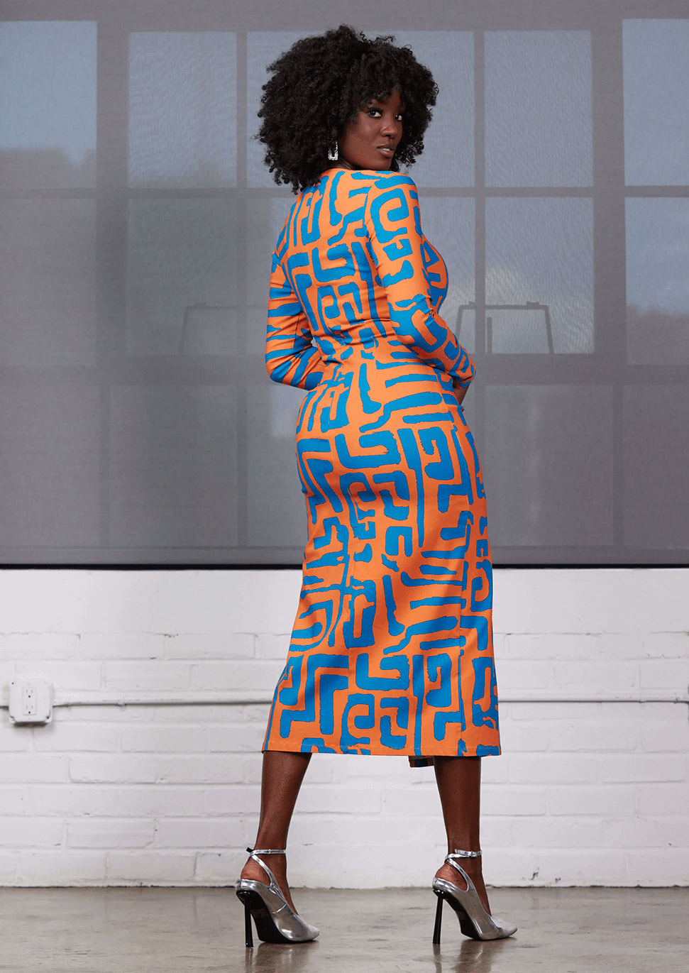 Chidima Women's African Print Stretch Midi Dress (Orange Blue Geometric) - D'IYANU