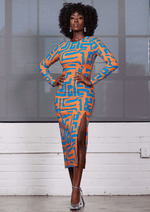 Chidima Women's African Print Stretch Midi Dress (Orange Blue Geometric) Orange - D'IYANU