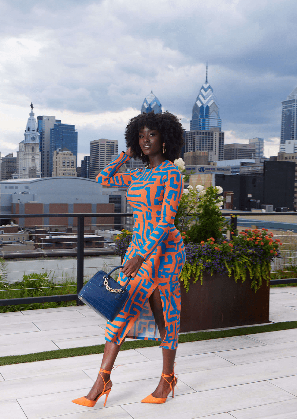 Chidima Women's African Print Stretch Midi Dress (Orange Blue Geometric) - D'IYANU