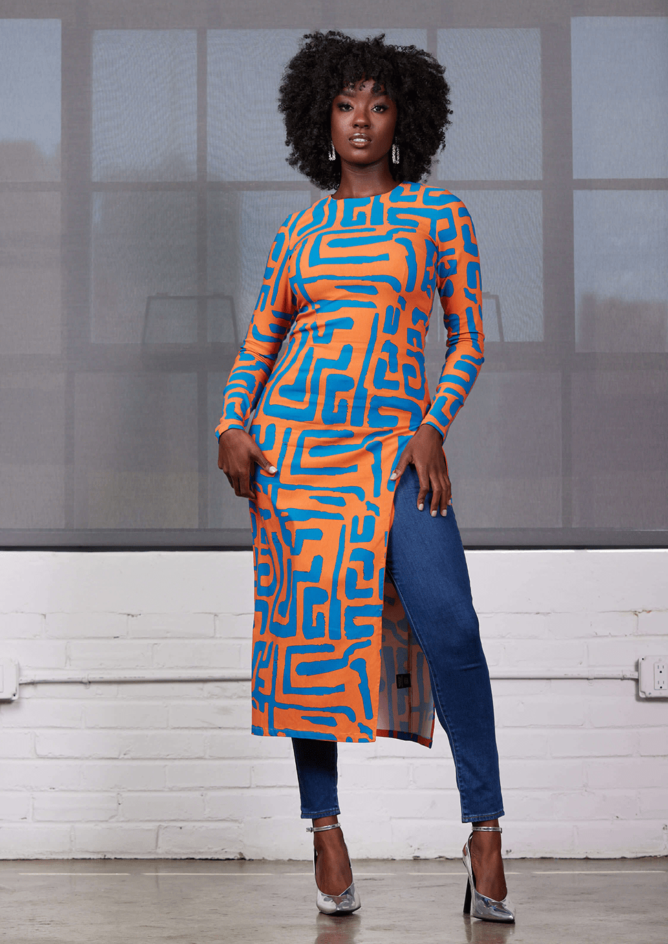 Chidima Women's African Print Stretch Midi Dress (Orange Blue Geometric) - D'IYANU