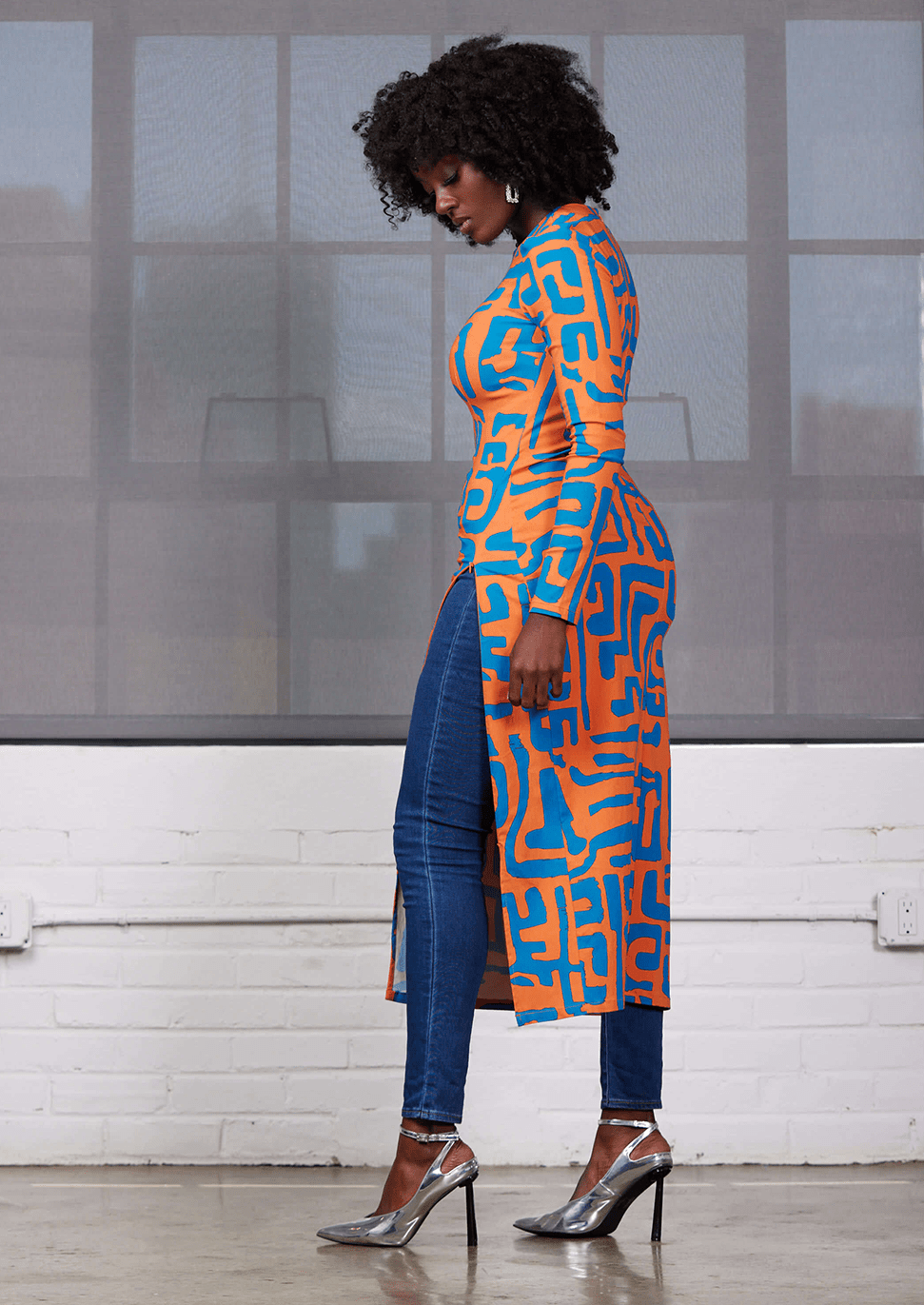 Chidima Women's African Print Stretch Midi Dress (Orange Blue Geometric) - D'IYANU