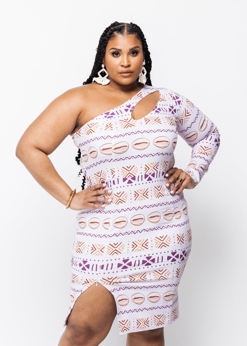 Deja Women's African Print One Stretch Shoulder Dress with Cut-Out (Mauve Plum Mudcloth) - Clearance Mauve - D'IYANU