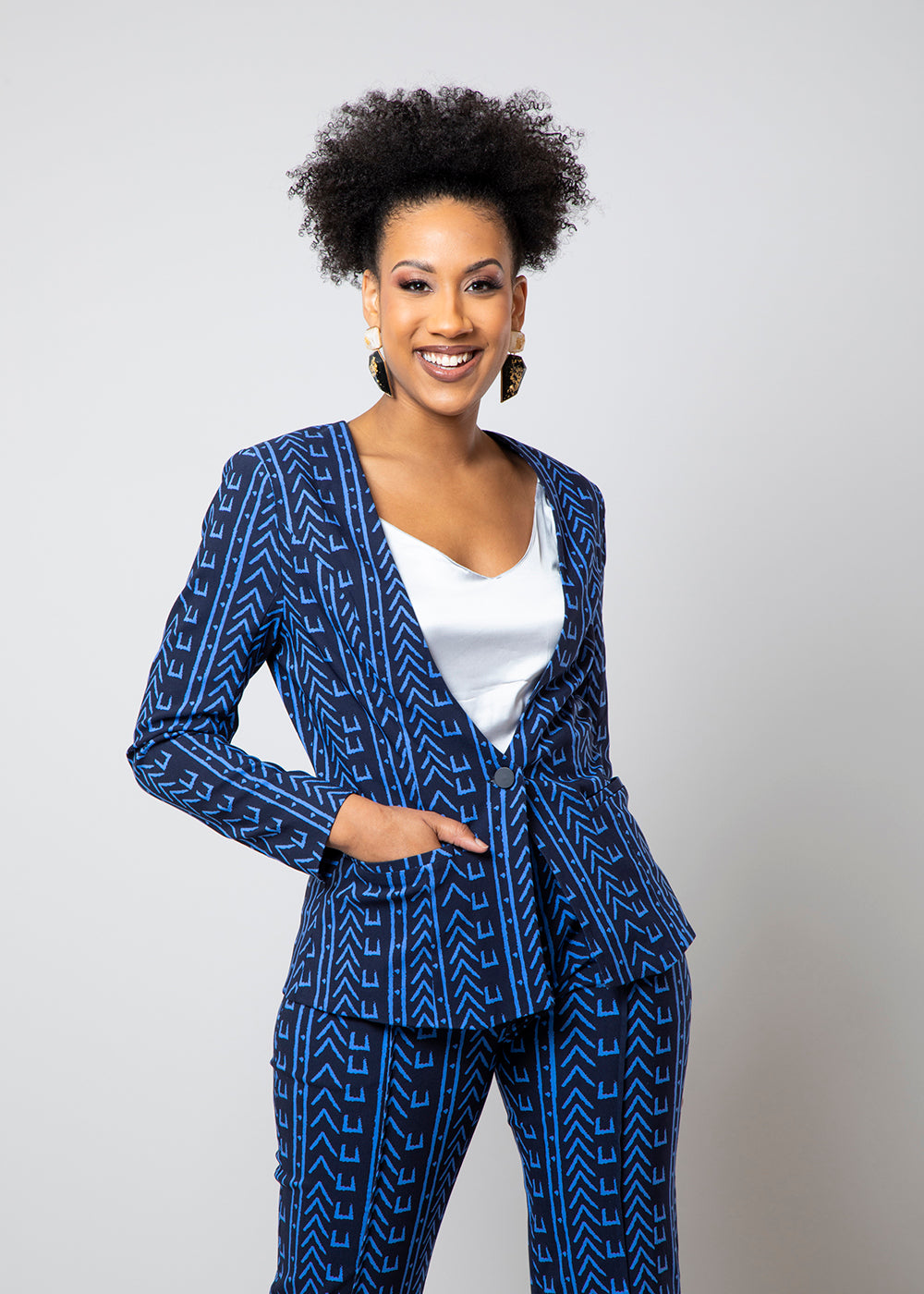 Farjana African Print Stretch Woven Blazer Blue Navy Mudcloth – D\'IYANU