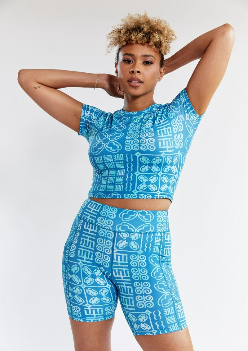 Gawa Women's African Print Active Crop Top (Cool Blue Adire) - Clearance