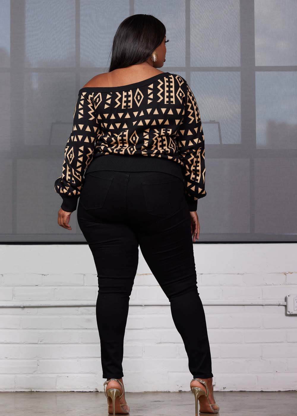 Hiba Women's African Print Off-Shoulder Sweater (Tan Black Tribal) - D'IYANU