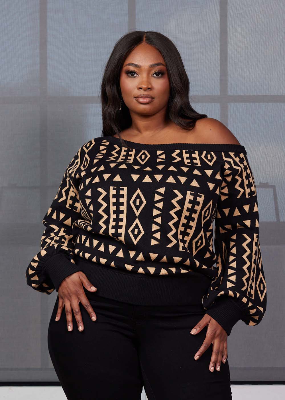 Hiba Women's African Print Off-Shoulder Sweater (Tan Black Tribal) Tan - D'IYANU