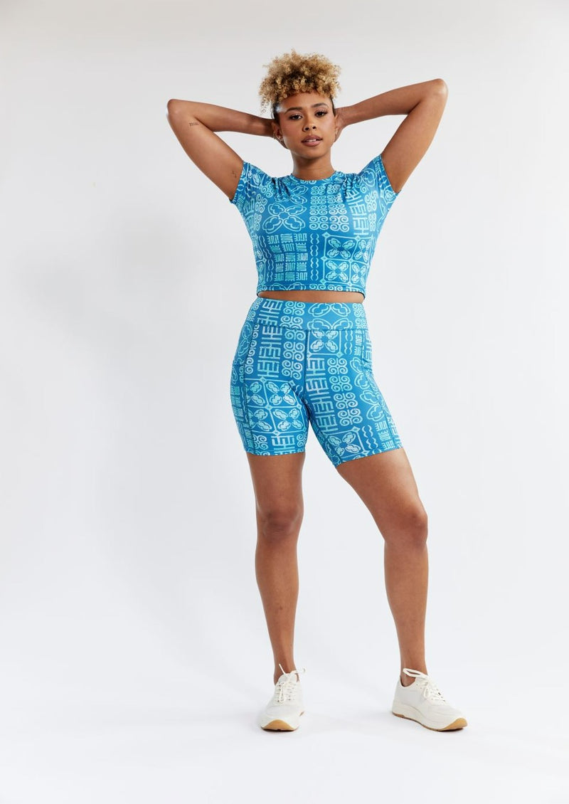 Kimba Women's African Print Biker Shorts (Cool Blue Adire) - Clearance