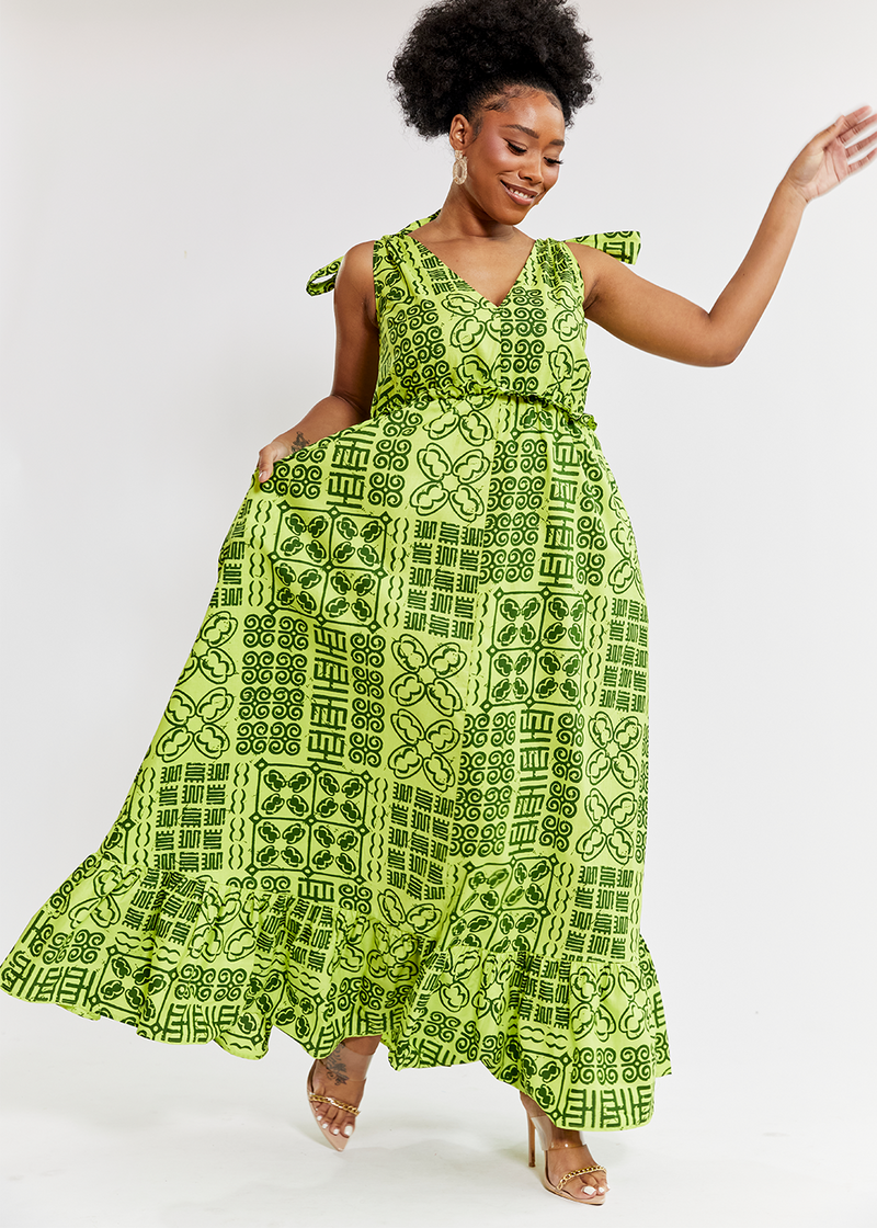 Kulale Women's African Print Maxi Dress (Lime Adire) - Clearance