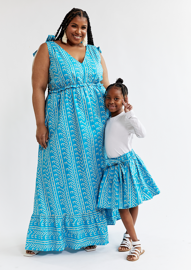 Kulale Women's African Print Maxi Dress (Sky Blue Mudcloth) - Clearance