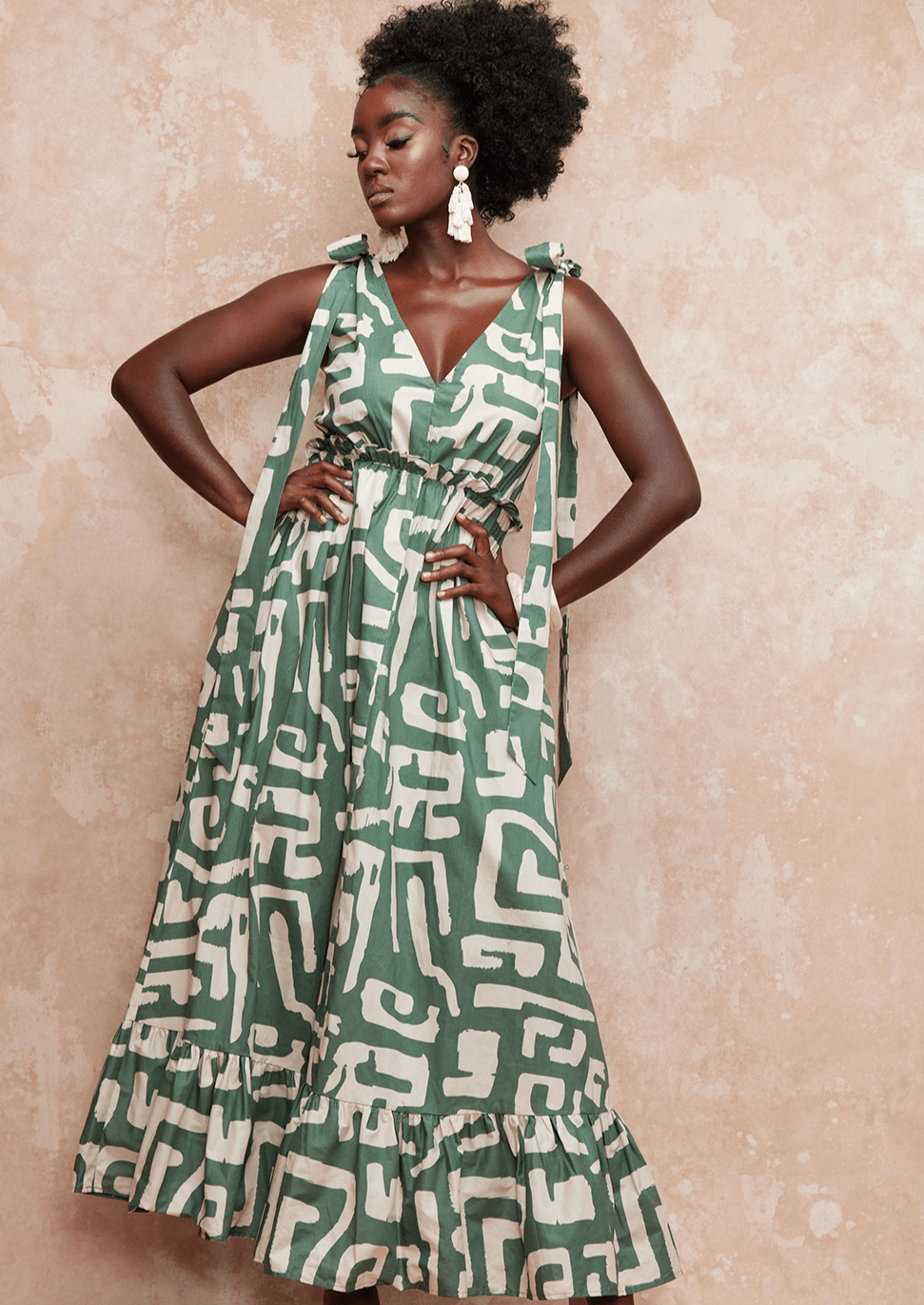 Kulale Women's Maxi Dress (Olive Geometric) Green - D'IYANU