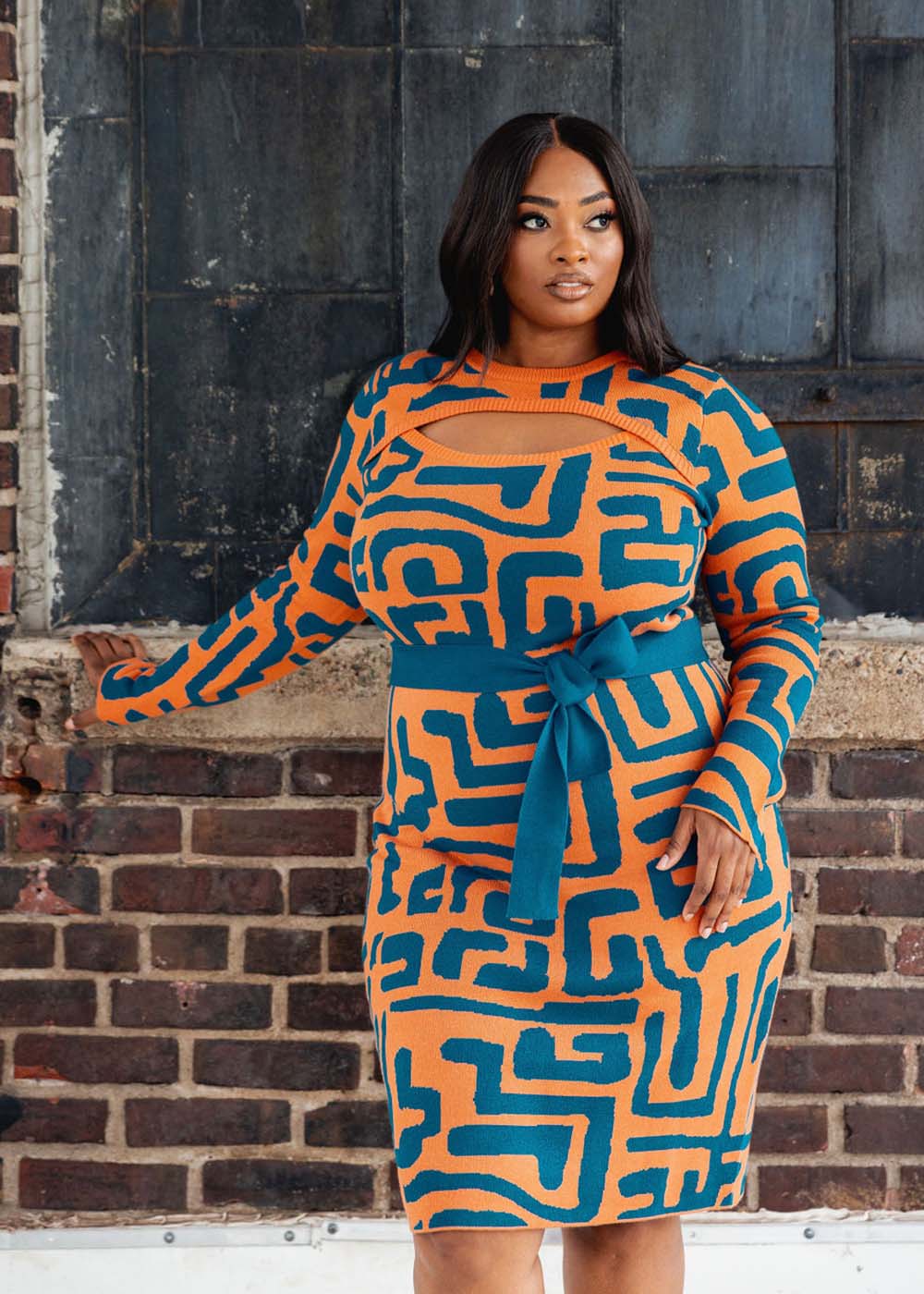 Marah Women's African Print Sweater Dress (Orange Blue Geometric) Orange - D'IYANU
