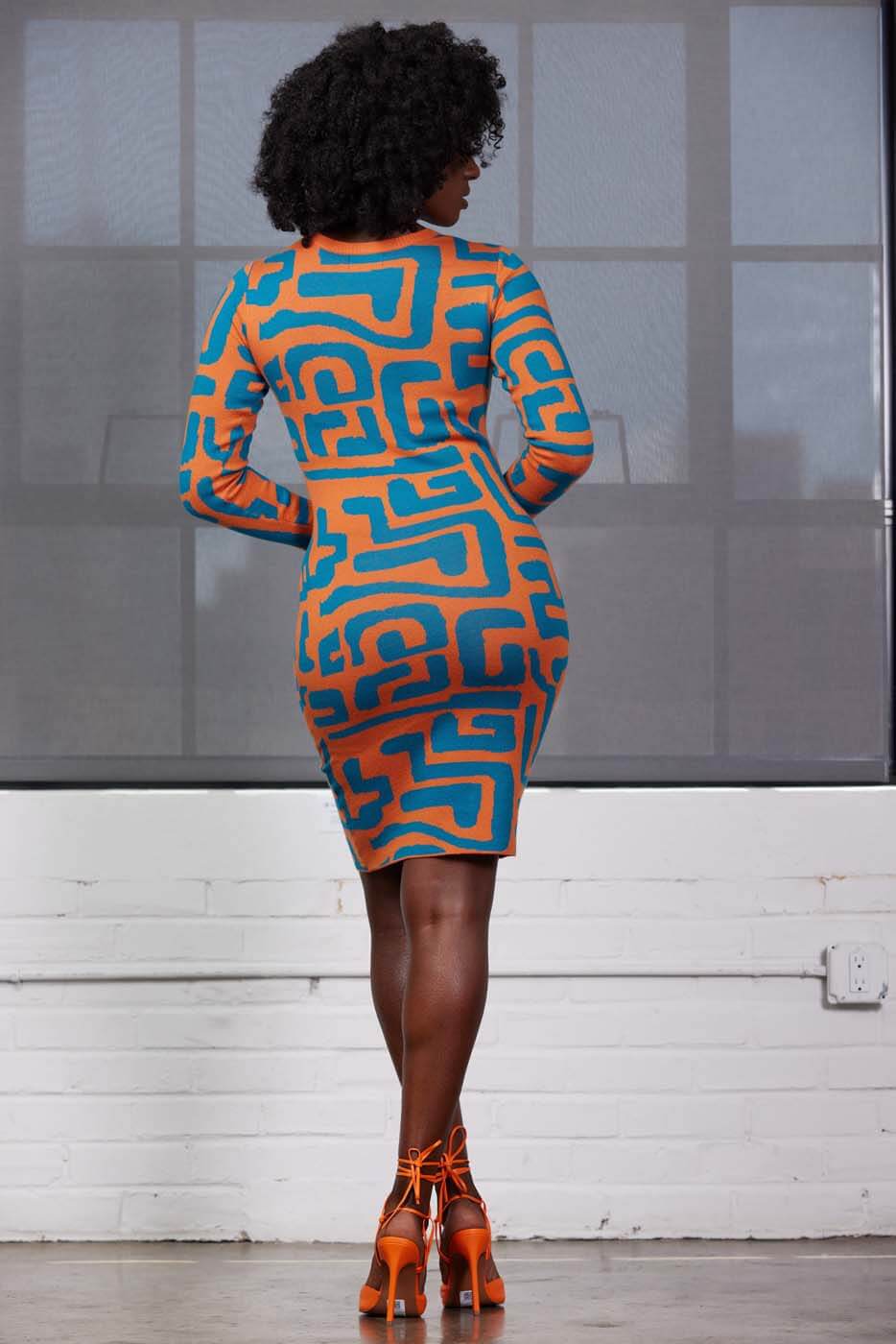 Marah Women's African Print Sweater Dress (Orange Blue Geometric) - D'IYANU