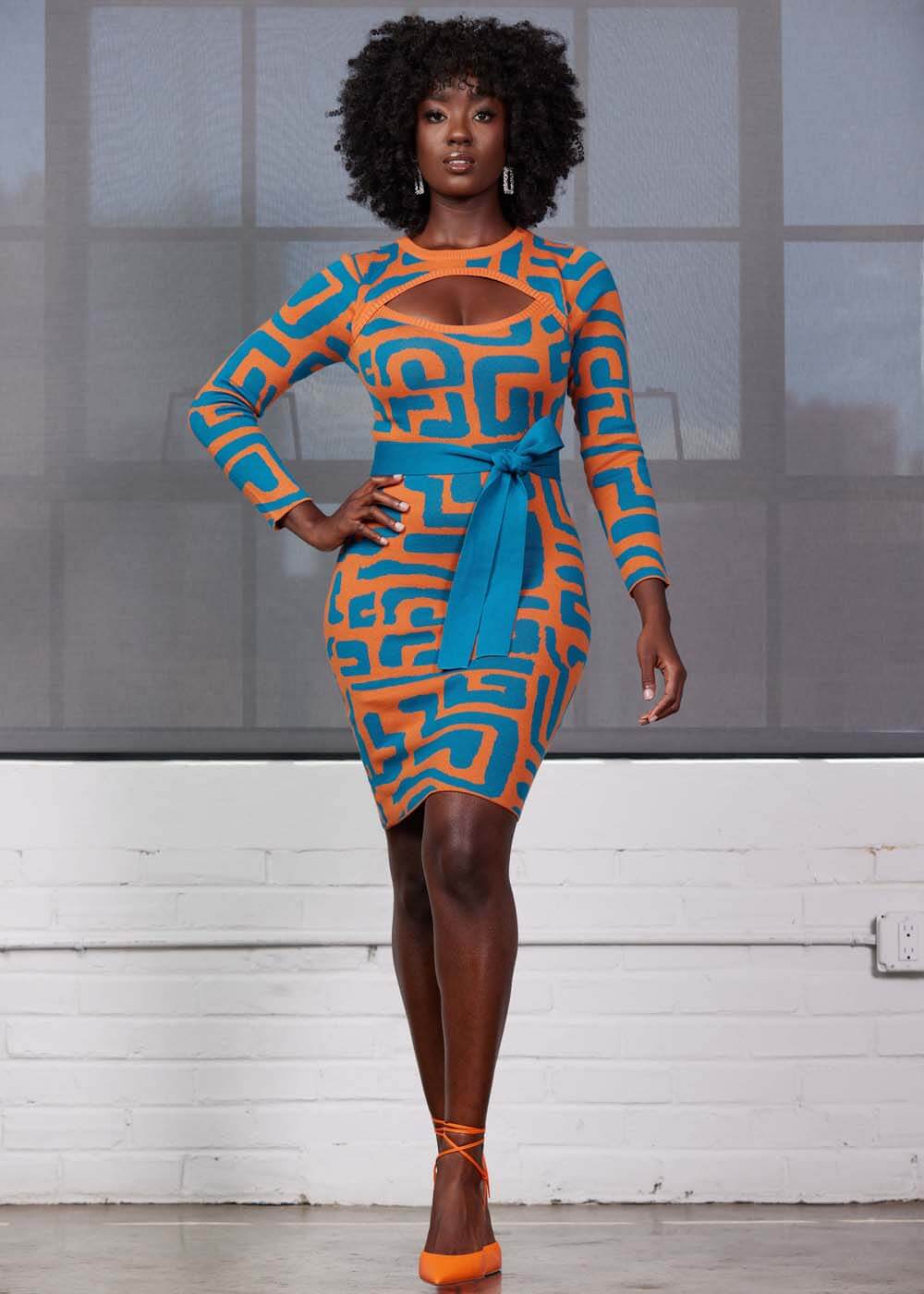 Marah Women's African Print Sweater Dress (Orange Blue Geometric) - D'IYANU