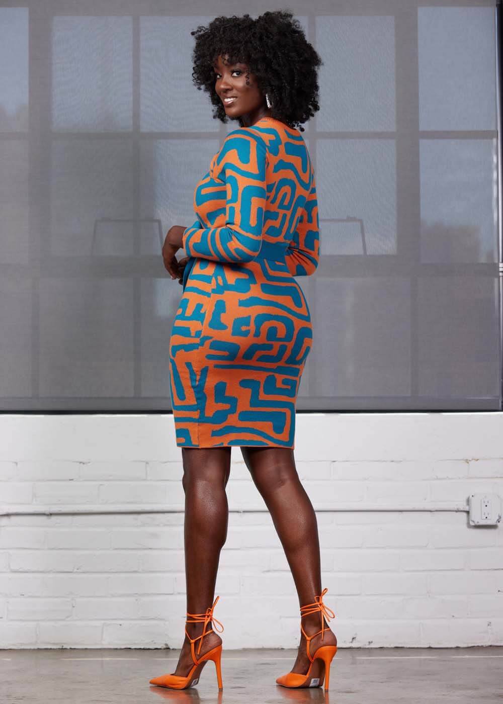 Marah Women's African Print Sweater Dress (Orange Blue Geometric) - D'IYANU