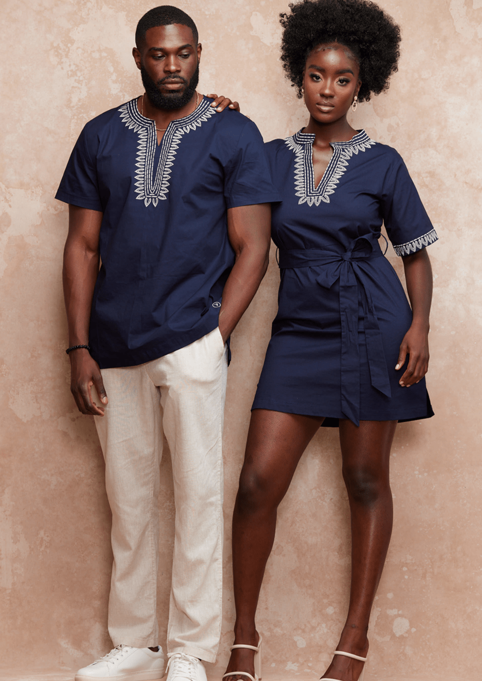 Marli Women's Embroidered Tunic Dress (Navy/Tan) - Clearance - D'IYANU