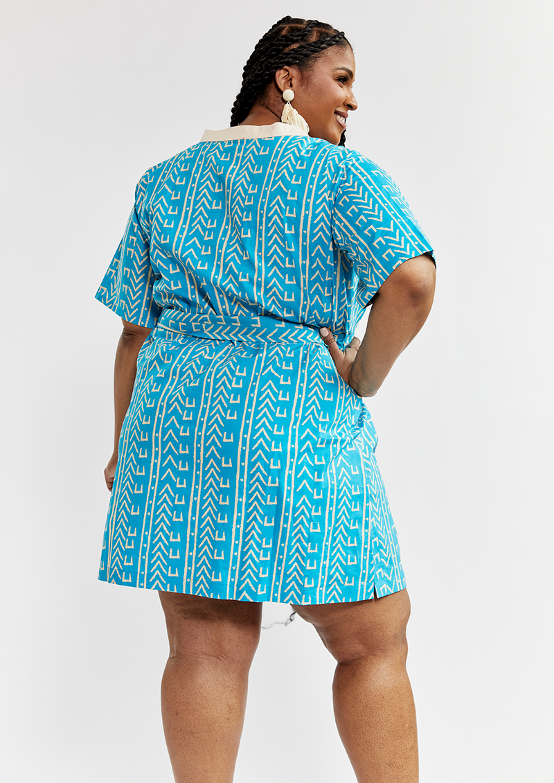 Meli Women's African Print Tunic Dress (Sky Blue Mudcloth) - Clearance