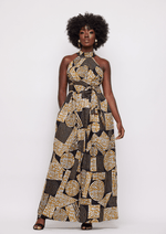 Ronke African Print Halter Maxi Dress (Black Brown Geometric) - D'IYANU