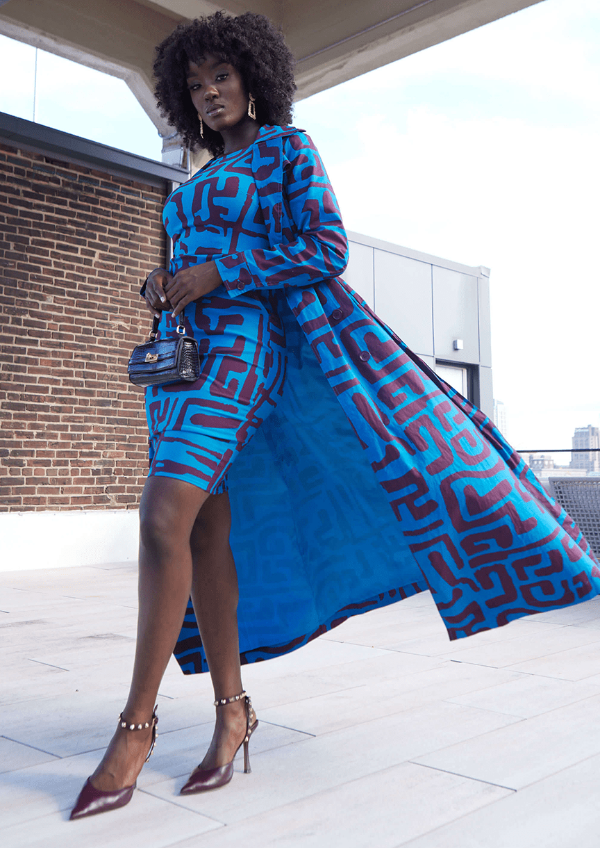 Sabella Women's African Print Stretch Dress (Fig Blue Geometric) - D'IYANU