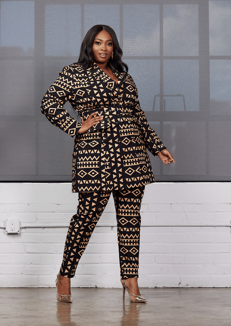 Talia Women's African Print Stretch Pants (Tan Black Tribal) - D'IYANU