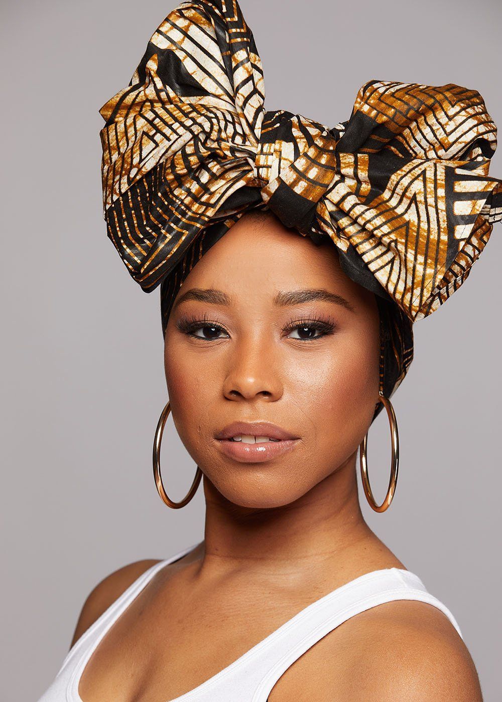 African Print Head Wrap/Scarf (Black Brown Geometric) - D'IYANU