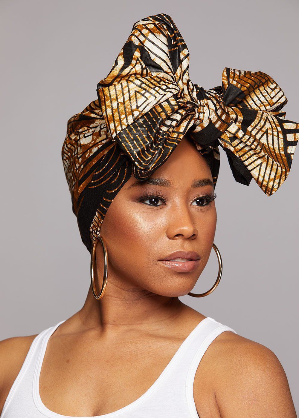 African Print Head Wrap/Scarf (Black Brown Geometric) - D'IYANU